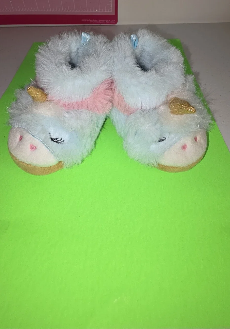 wonder nation Plush Unicorn Bootie Slippers Light Blue & Pink Gold Horn Sz 3